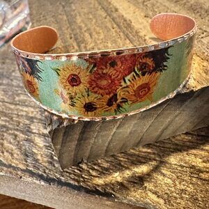 Handmade Boho Copper Wide Cuff Bracelet, Diamond Cut Van Gogh Sunflowers Bracel